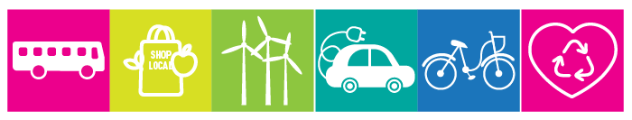 Six icons: a bus; a shopping bag; wind turbines; an electric car; a bike; a recycling symbol